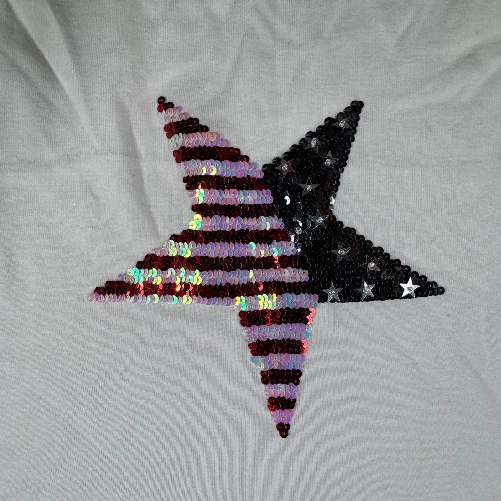 IN Focus Shirt USA Flag Sequin Star White Short Sleeve Tee Patriotic Festival Size L - Image 5
