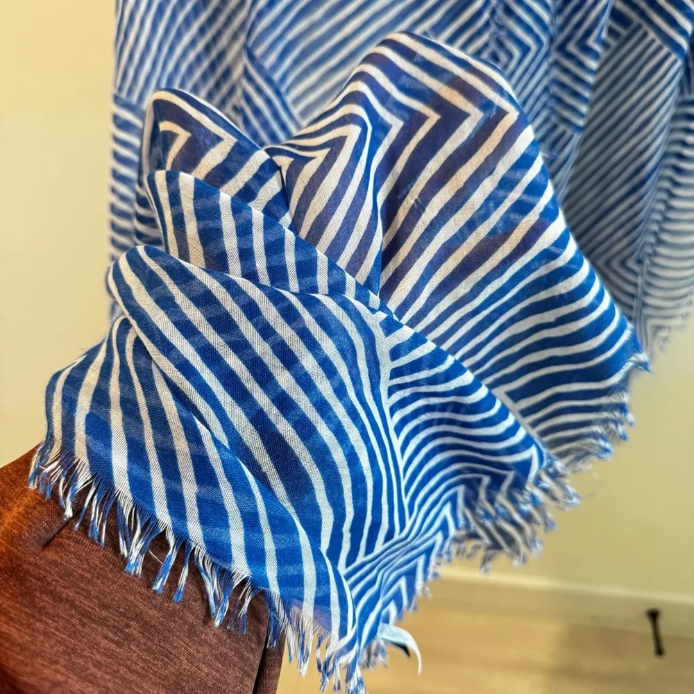 Echo Blue White Stripe Fringe Trim Lightweight Scarf - Image 2