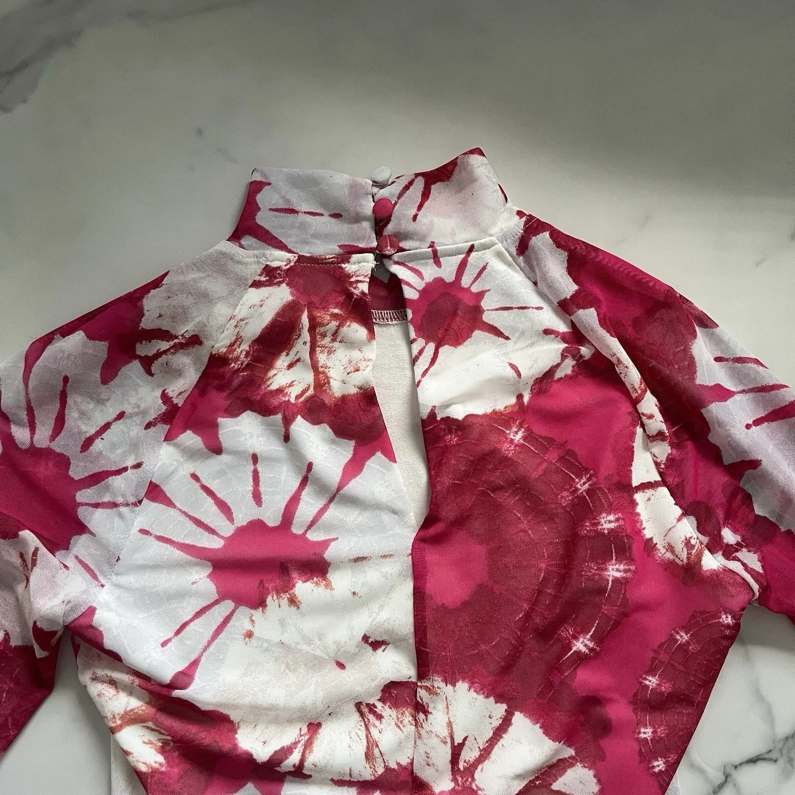 Anthropologie Long-Sleeve Mock-Neck Mesh Printed Slim Midi Dress Pink XXS Retro - Image 8