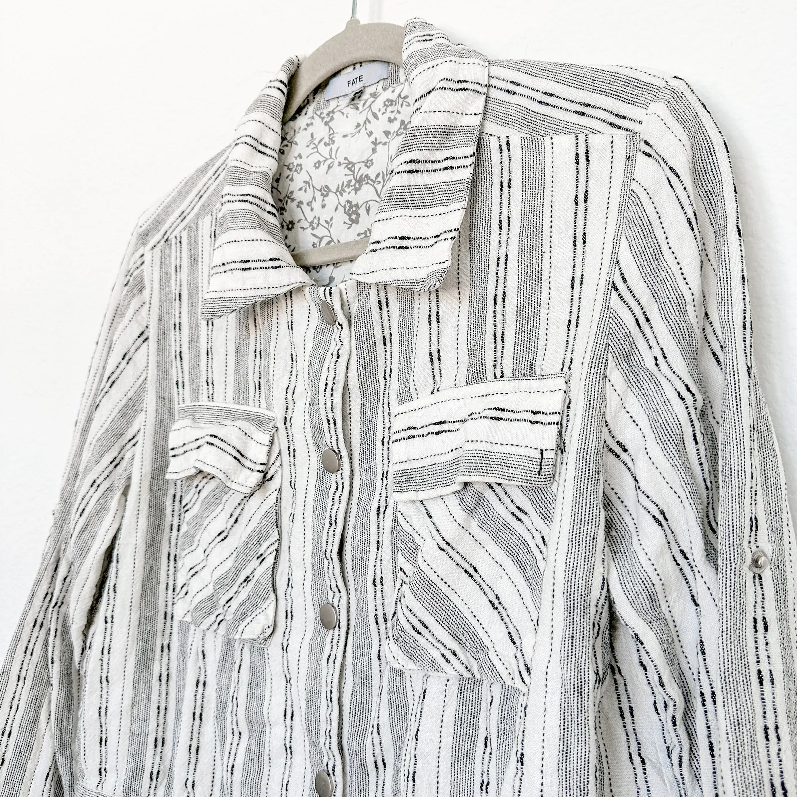 Fate Linen Patchwork Stripe Cropped Jacket White Black Size M Cottage Boho Lagom Size M - Image 4
