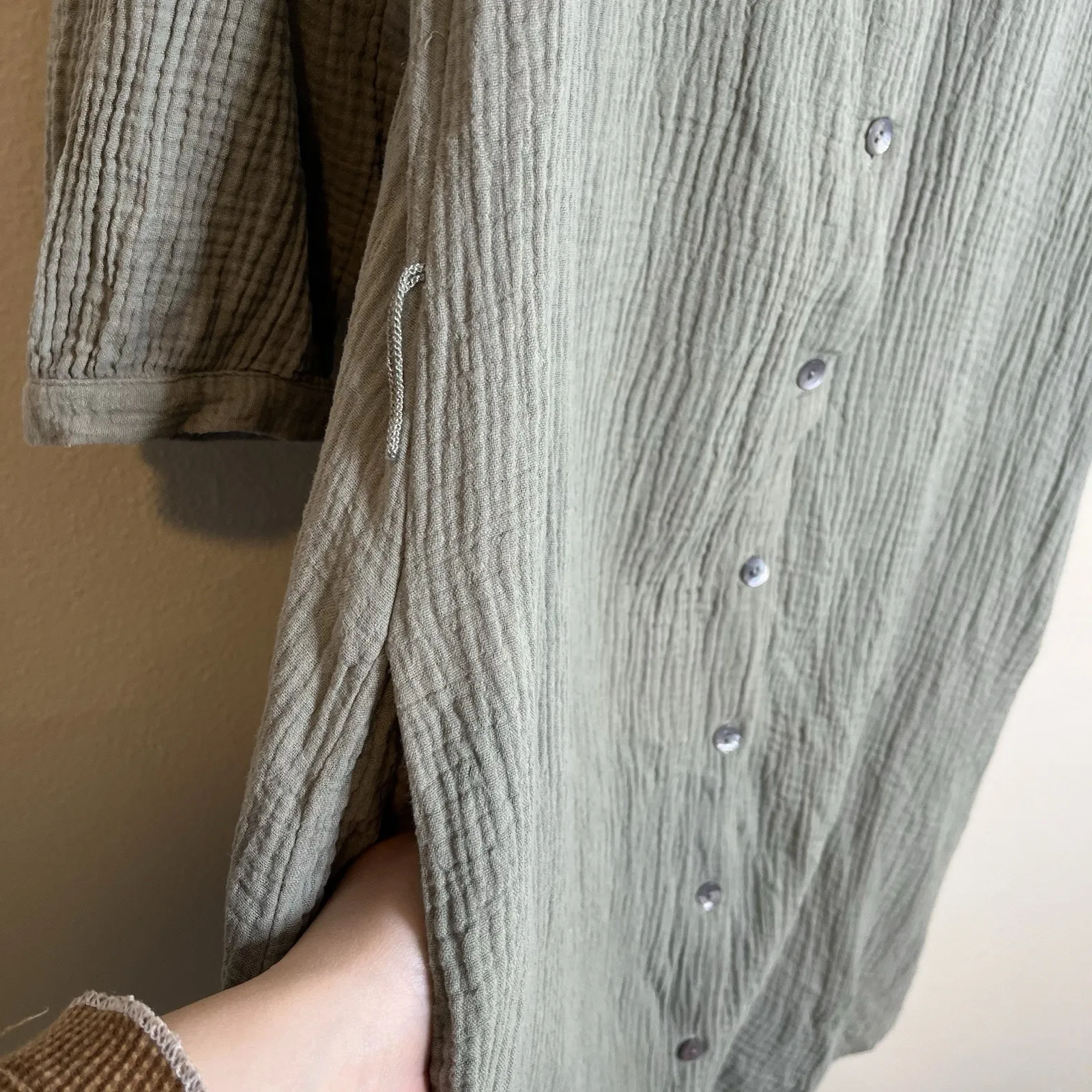 Soft Surroundings Dress Gauze Shirt Dress Button Green M Midi Lagenlook Cotton - Image 6