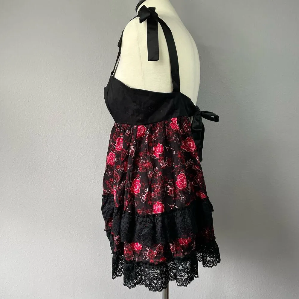 Hot Topic x Disney Babydoll Top M Belle Floral Lace Ruffle Camisole Keyhole Back - Image 3