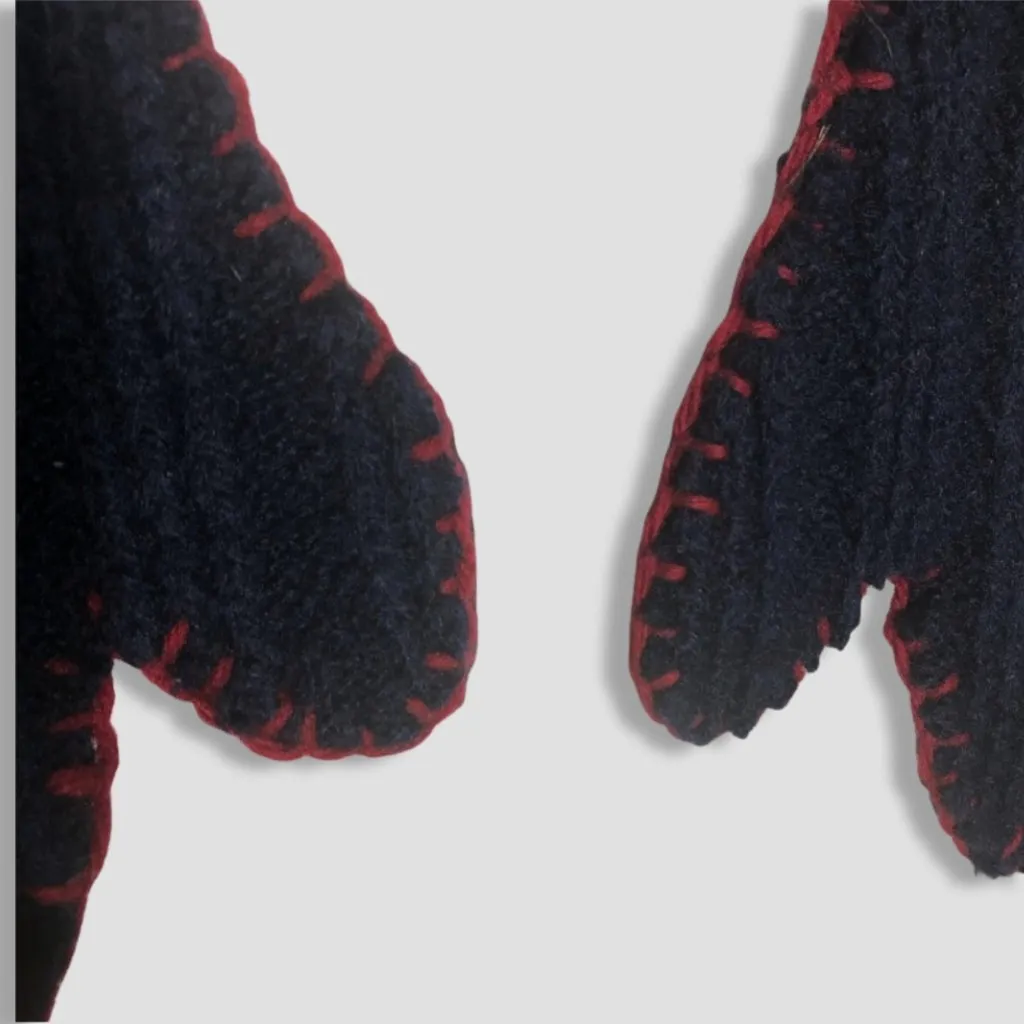 Vintage Thick Wool Knit Mittens Cookie Buttons Hand Crocheted Trim Navy Blue L - Image 3