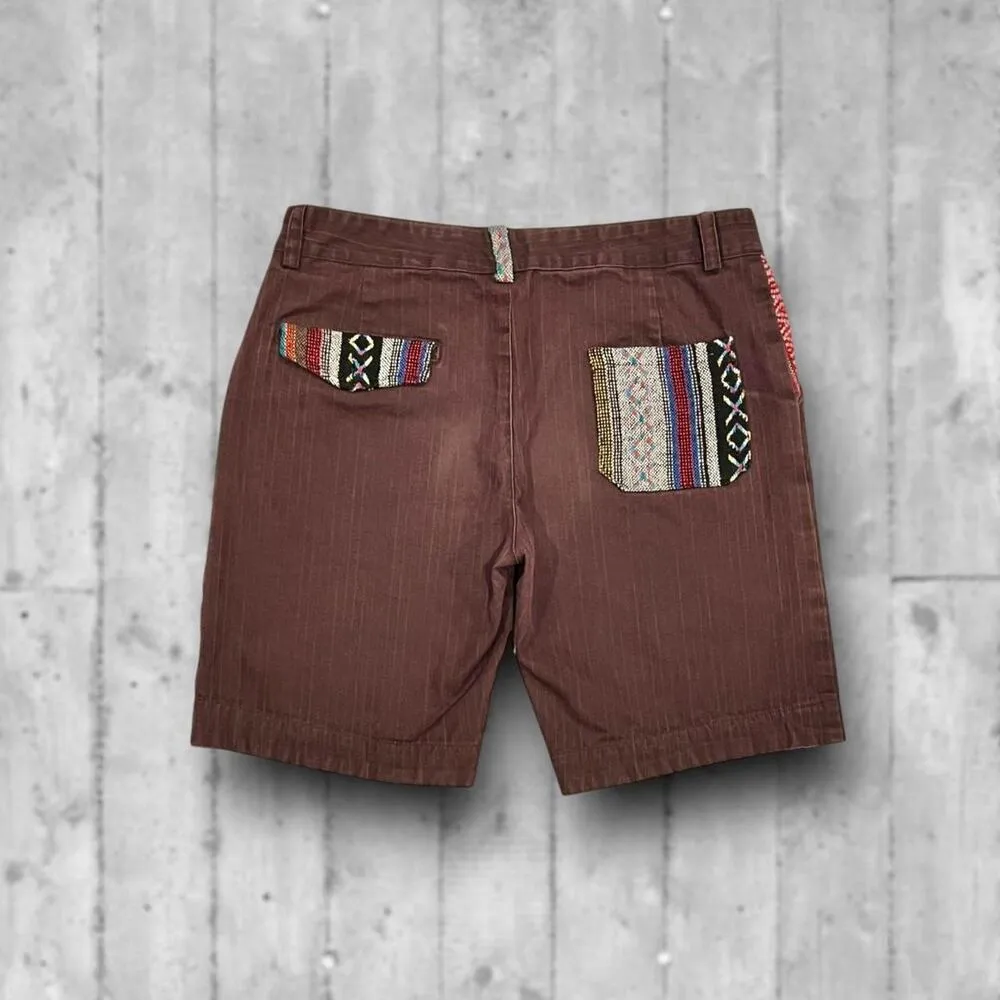 ★ Aztec Style Y2K Shorts w/ Multicolor Patch Pocket Detail ★ Brown Size M - Image 3