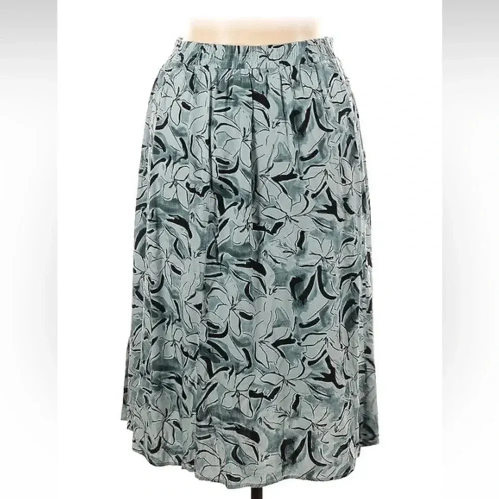 Nine West | Teal Grey Tropical Floral Stretchy Waistband A-Line Skirt Size XL - Image 3