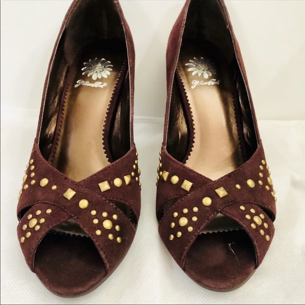 Azalia Brown Suede Studded Wedges, Peep Toe sz. 6 - Image 2