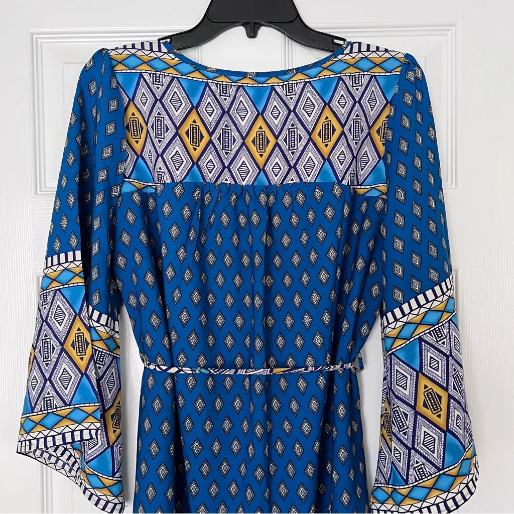 Alya dress blue and gold geometrical flared sleeves M - Image 9