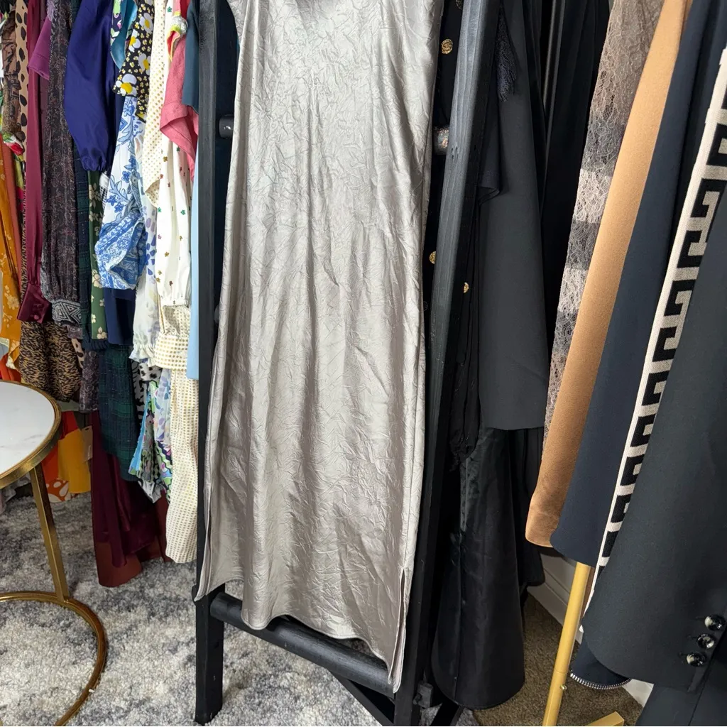 Just Female Rich Dress Paloma Silver Satin Slip Midi Size L - Image 16