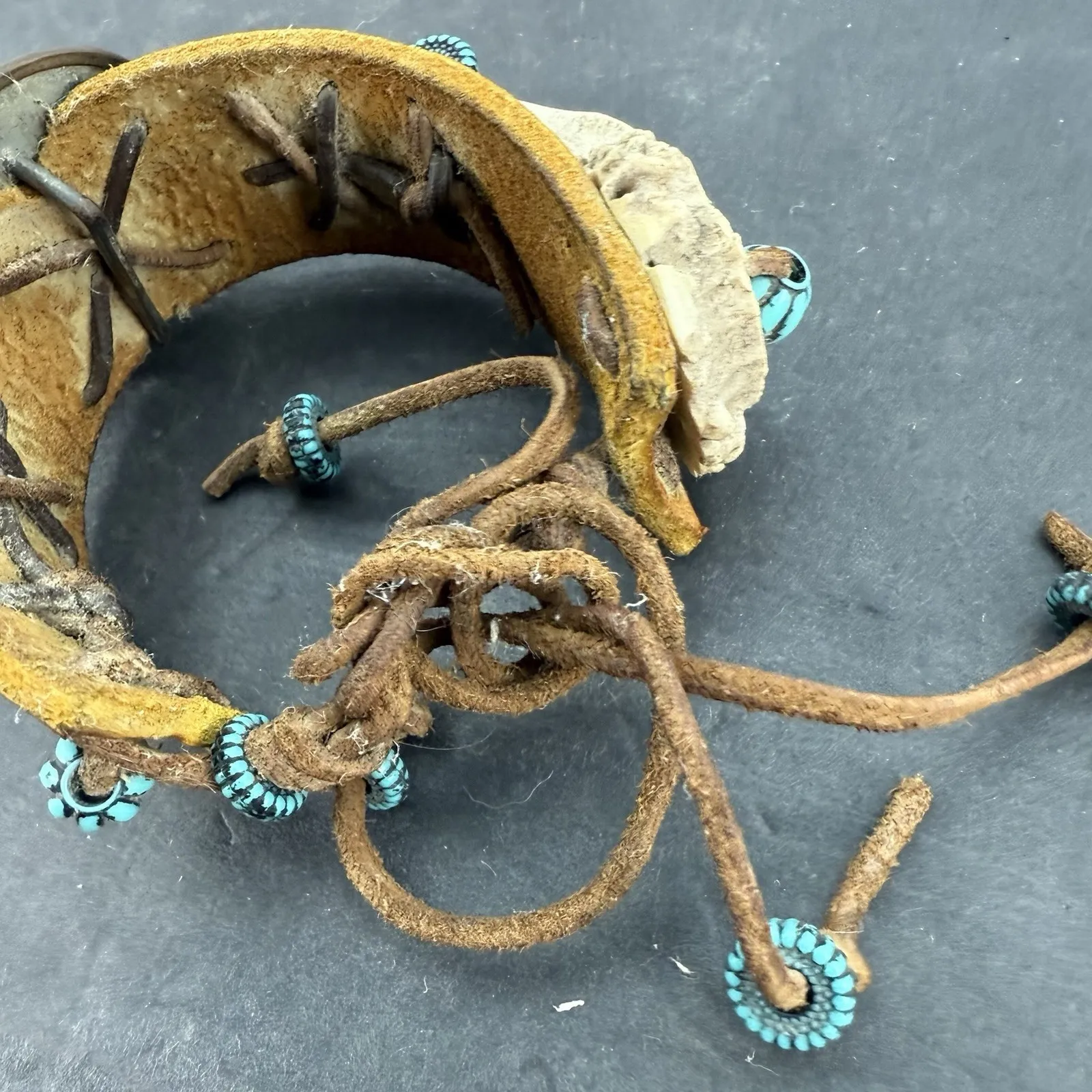 Vintage Handmade Leather Cuff Bracelet Amber Resin Antlers/Beads Native Cuff Orange - Image 13
