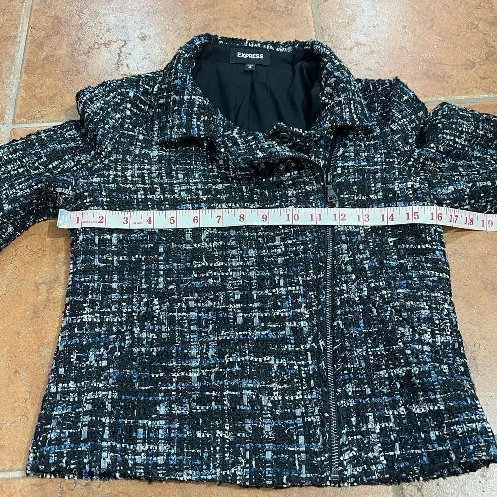 Express Black White Blue Metallic Sparkle Tweed Moto Jacket Coat Size Small - Image 8