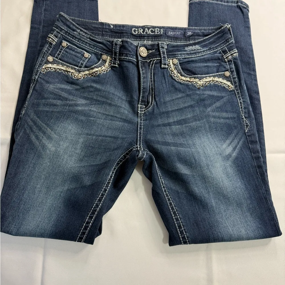 Grace in LA Blue Straight Leg Jeans with Chevron Embroidery - Image 7