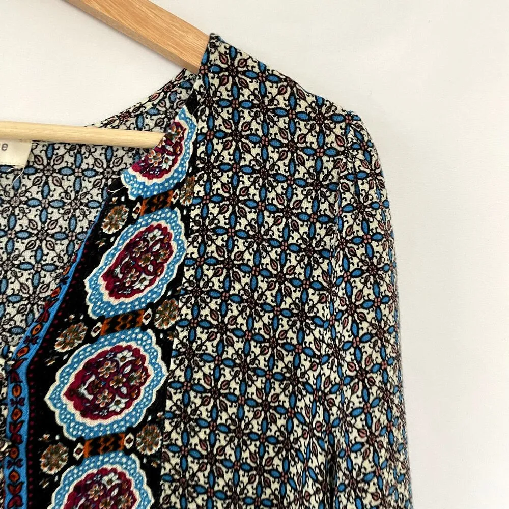 Umgee USA blue patterned flowy bell sleeves midi length dress women's L v-neck - Image 3