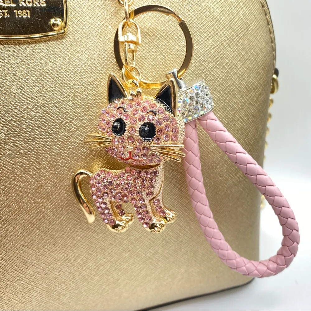 🐈🩷Pink Kitty Cat Rhinestone Bling Crystal Bag Charm Keychain Gold - Image 3