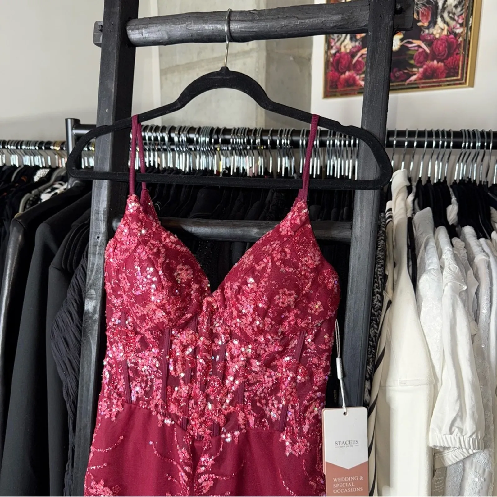 Stacees Sparkly Cabernet Sequin Corset Mini Dress Gold Size 2 - Image 3