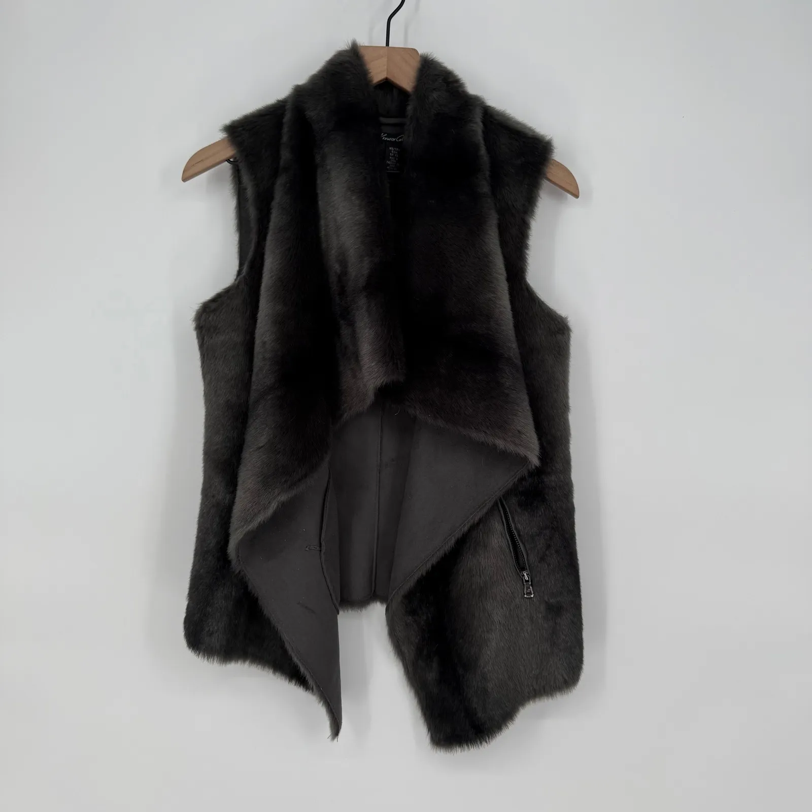 Kenneth Cole The Remy Vest Faux Fur Suede Drape Front Zip Pockets Grey XS - Image 2