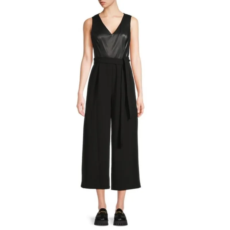 Calvin Klein Womens Size 4 NEW Sleeveless Faux Leather Belted Black Jumpsuit NWT - Image 9