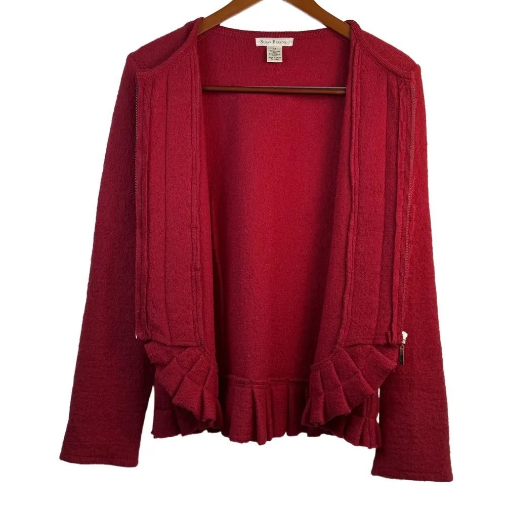 Susan Bristol Red Boiled Wool Ruffle Hem Jacket Cardigan Zip Front M‎ - Image 11