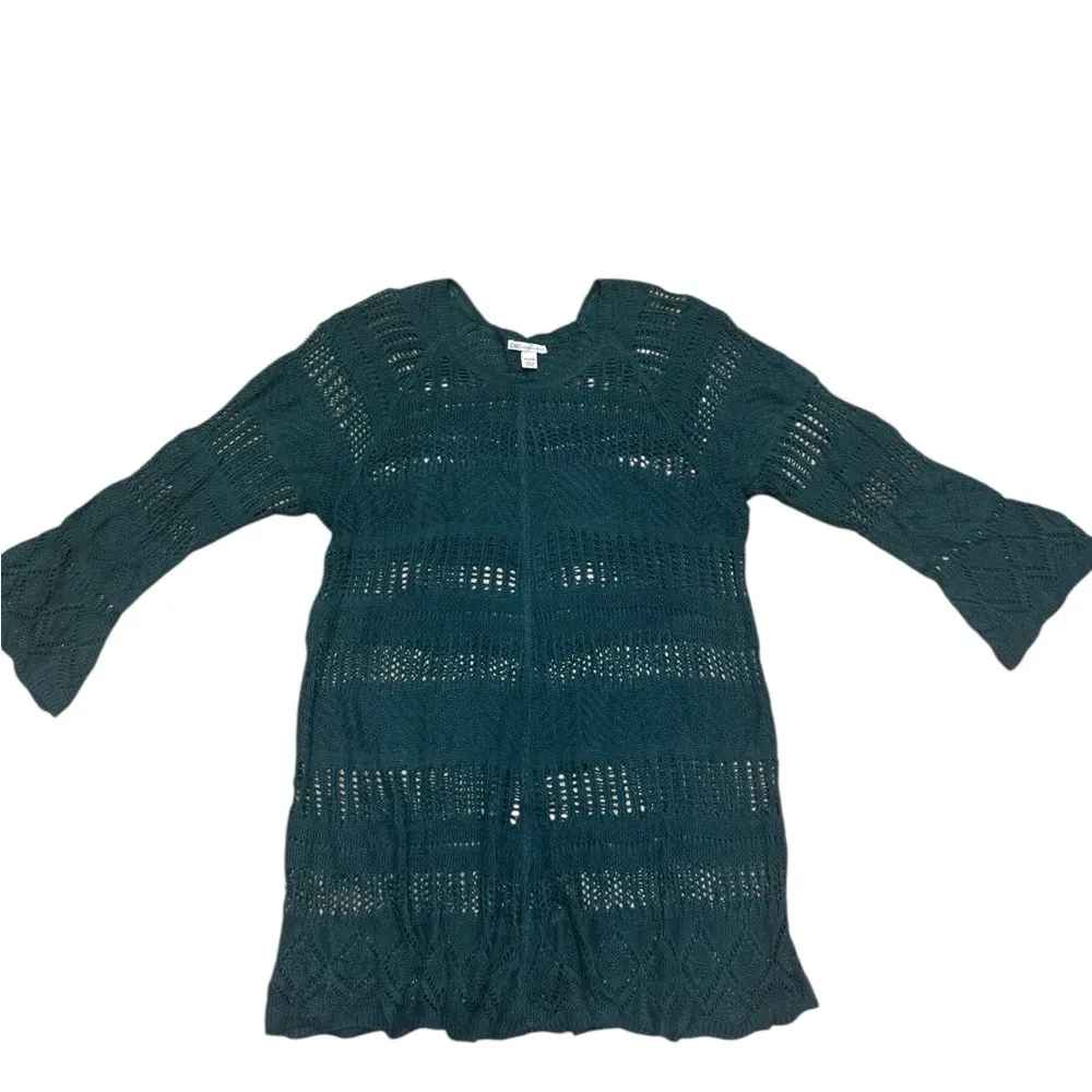 Green Crochet Knit Sweater Cover-Up Boho Tunic - Image 2