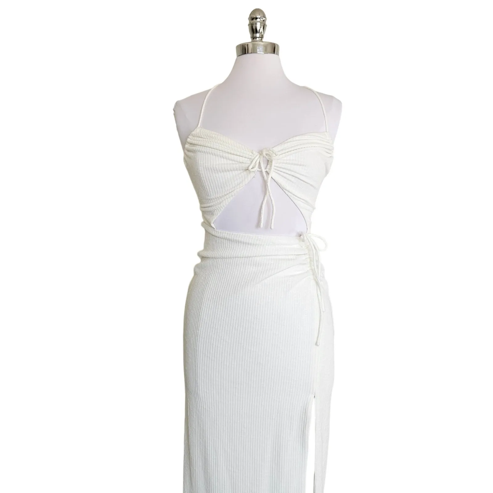 SABO Ribbed Cutout Halter Midi Dress White Tie Back Slit Size 4 - Image 5