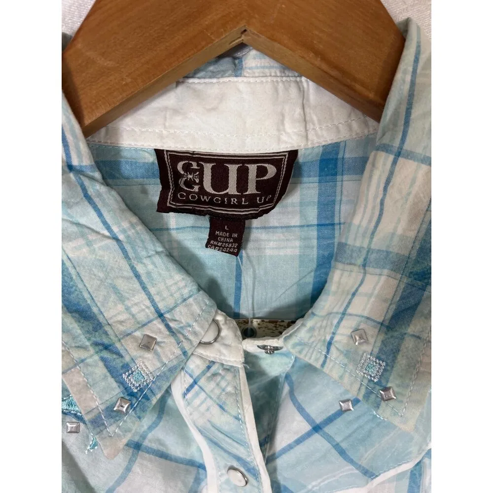 Cowgirl Up Pearl Snap Large NEW Blue Plaid Embroidered Studded Western - Image 6