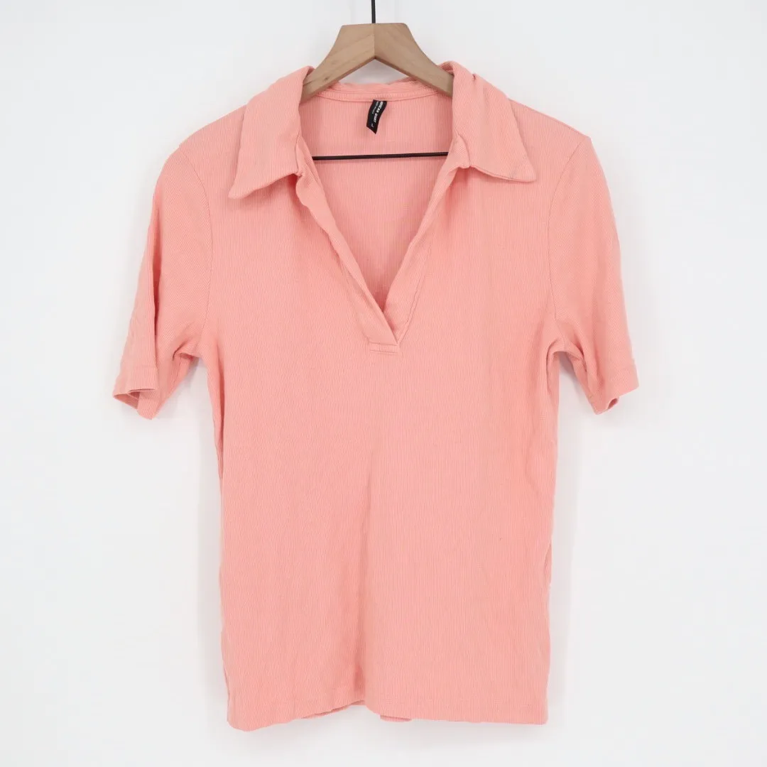 American Giant Coral Ribbed Polo Shirt Short Sleeve Collared Top Size L Pink Size L - Image 2