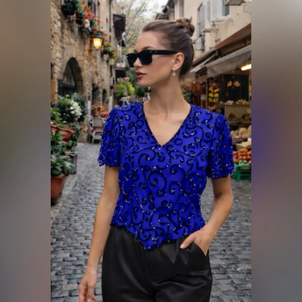 Laurence Kazar Vintage 100% Silk Beaded Top Pointed Hem Blue Black M - Image 7