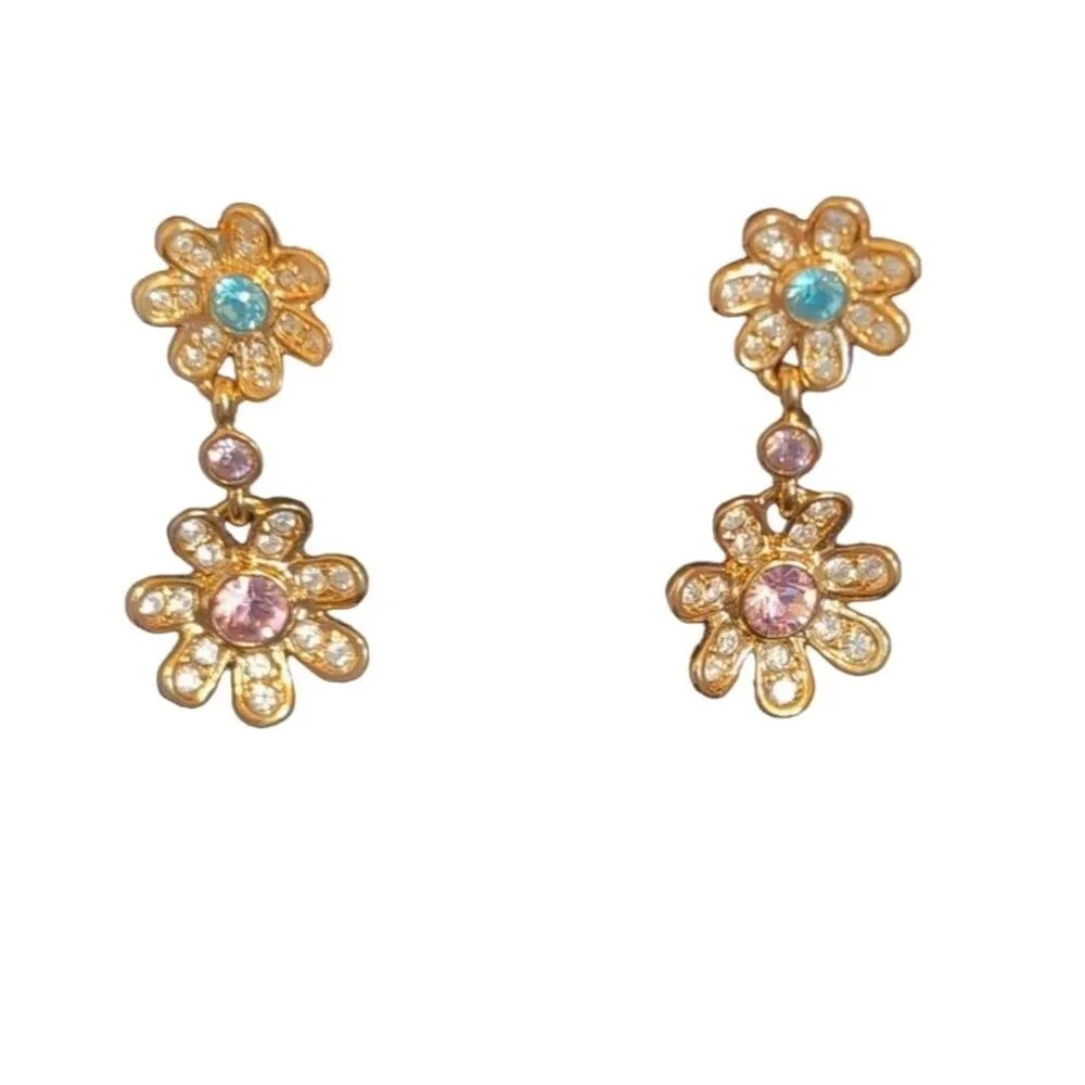 Joan Rivers Vintage Gold Rhinestone Floral Dangle Earrings - Image 3