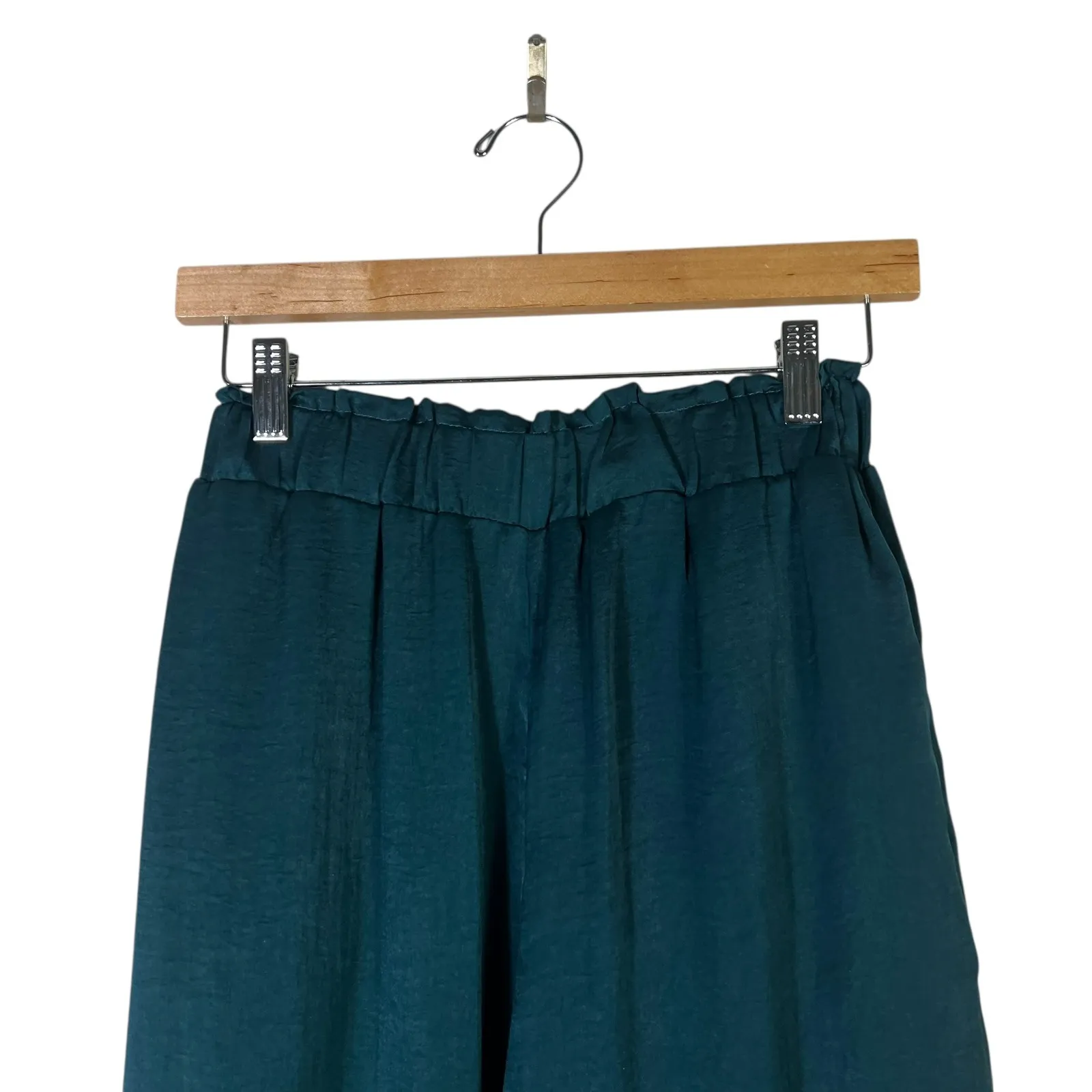 ENTRO Satin Wide Leg Pants Green Elastic Waist High Rise Flowy Womens S - Image 2