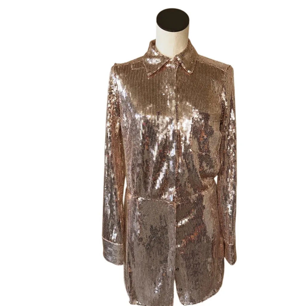 NWT Free People Sophie Sequin Long Sleeve Shirtdress Small, CHAMPAGNE - Image 6