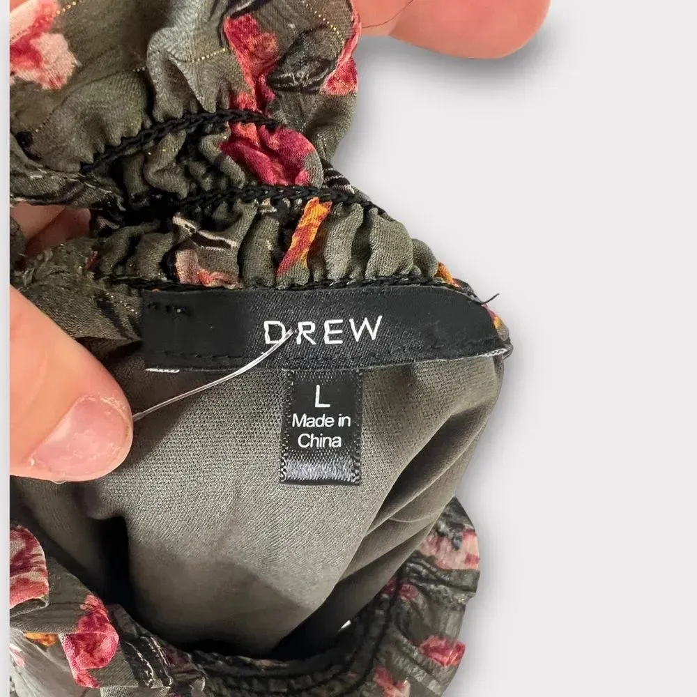 DREW Anthro Green Floral Print Dress Gold Stripes Long Sleeves Smocked Size L - Image 14