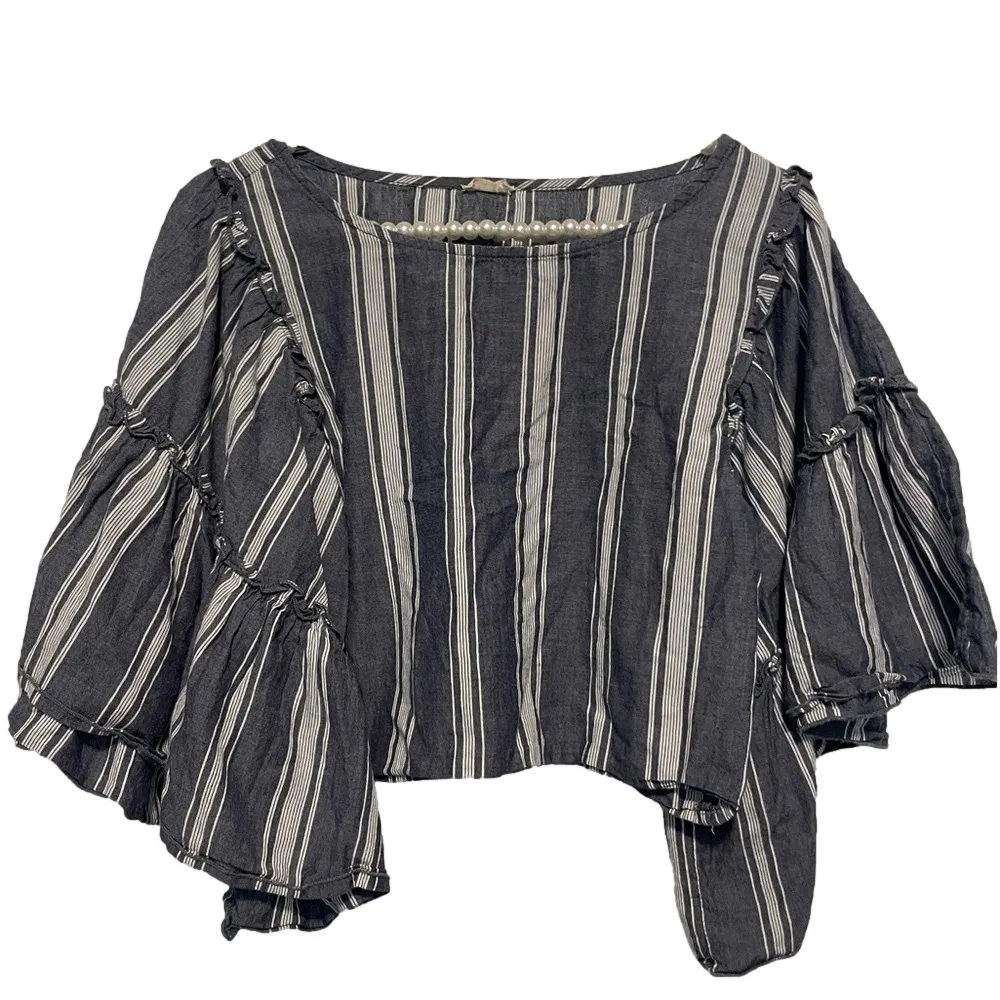 Hollister Striped Crop Top XS Ruffle Sleeves Linen Cotton - Image 3
