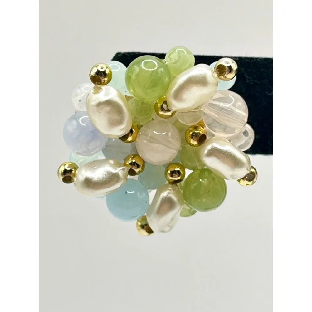 Vintage Beaded Cluster Stud Earrings Blue Green Cream Whimsical Pastel Fairycore White - Image 2