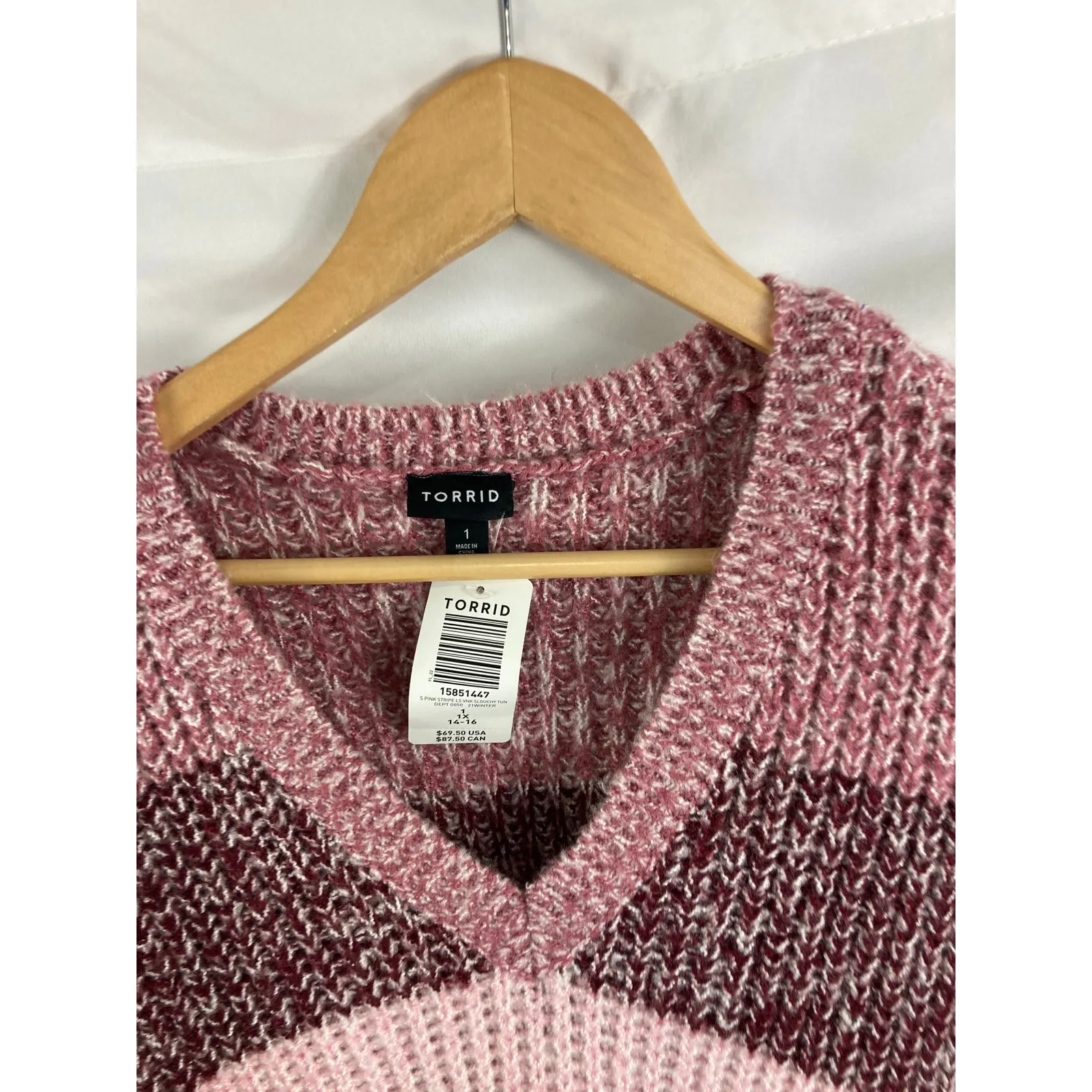 NWT Torrid Slouchy V Neck Tunic Thick Knit Sweater Pink Stripe Size 1X - Image 5
