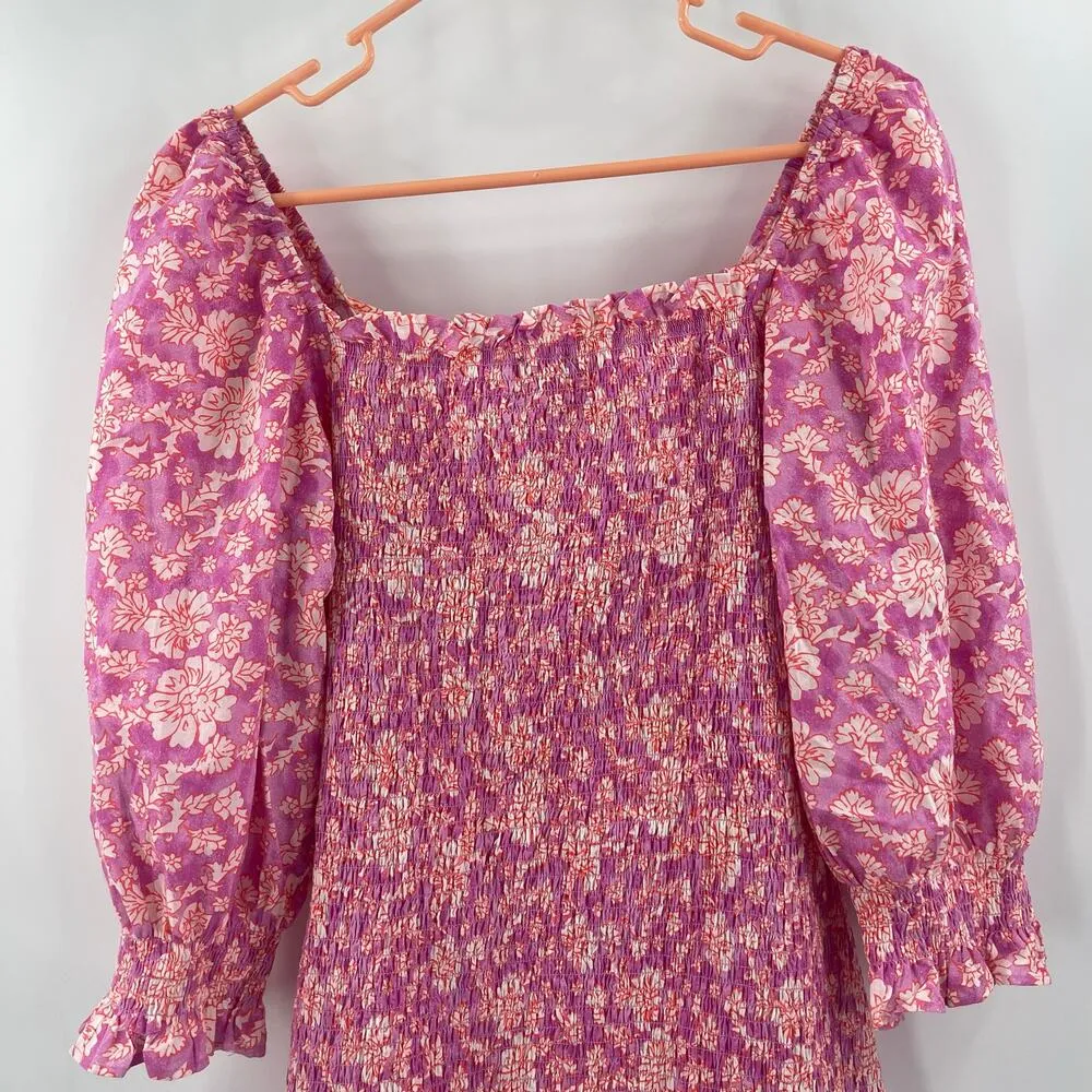 ASOS x NEW LOOK Dress Size 6 Smocked Floral Ruched Pink Orange Mini Sweetheart - Image 9