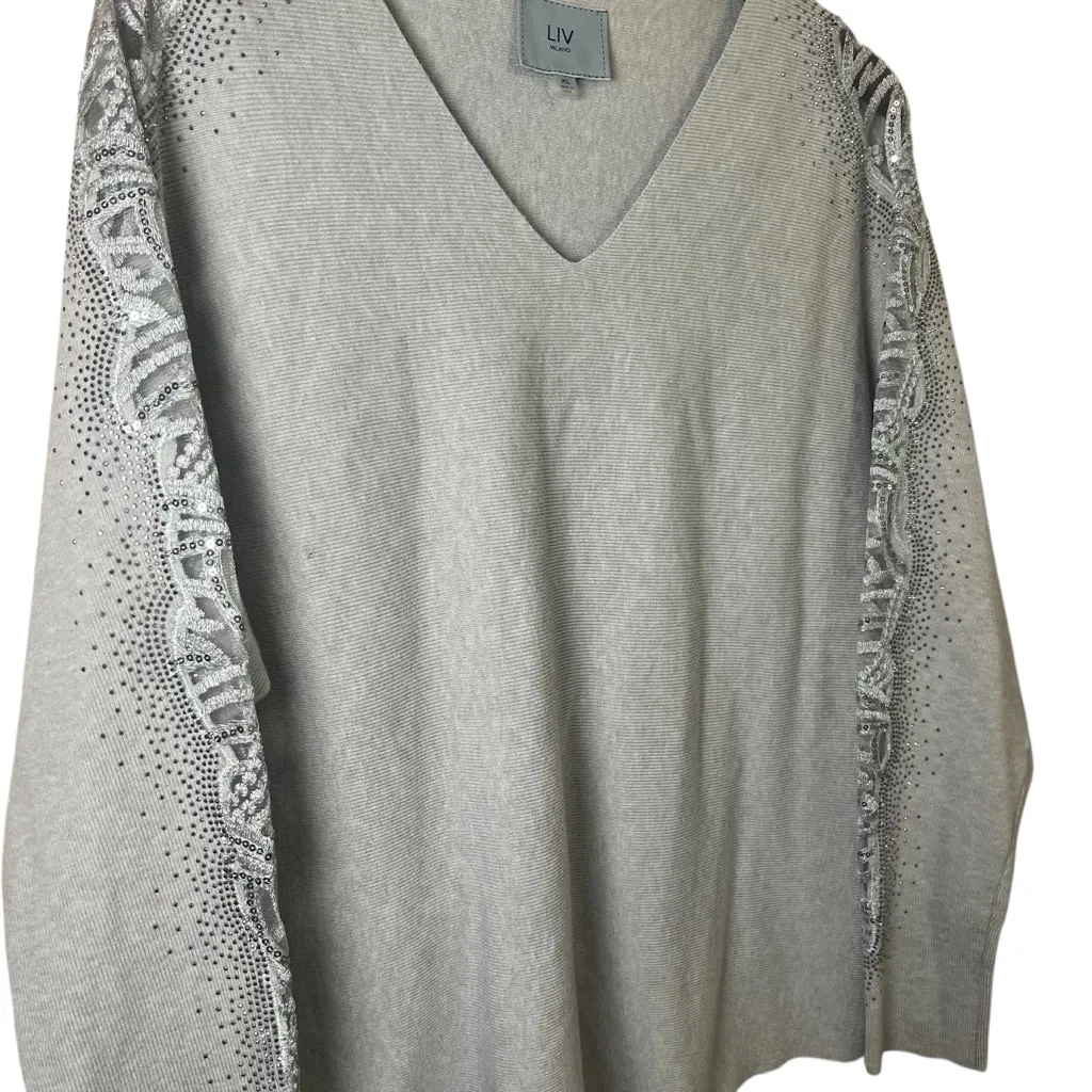LIV MILANO Rhinestone Embellished Long Sleeve Sweater Top Dolman V - Image 11