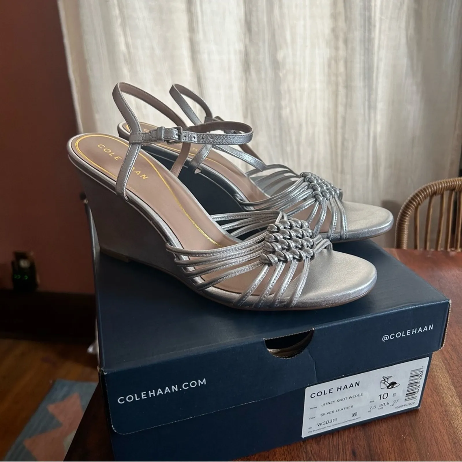 Cole Haan Jitney‎ Knot Wedge Sandals Leather Heels Silver NEW $180 Size 10.5B - Image 2