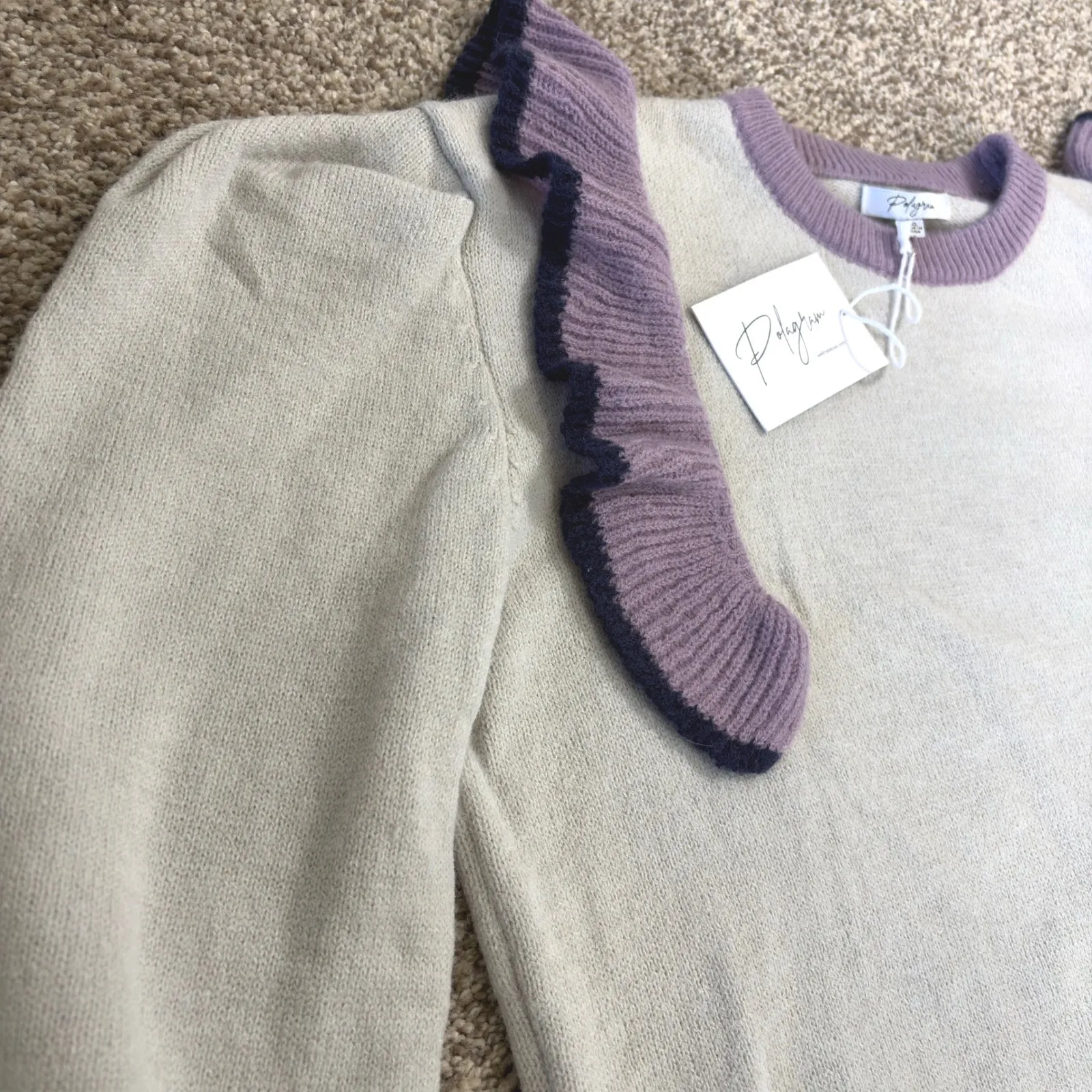 Polagram Women's Cream Purple Navy Ruffle Trim Sweater 2XL Acrylic Polyester NWT - Image 3