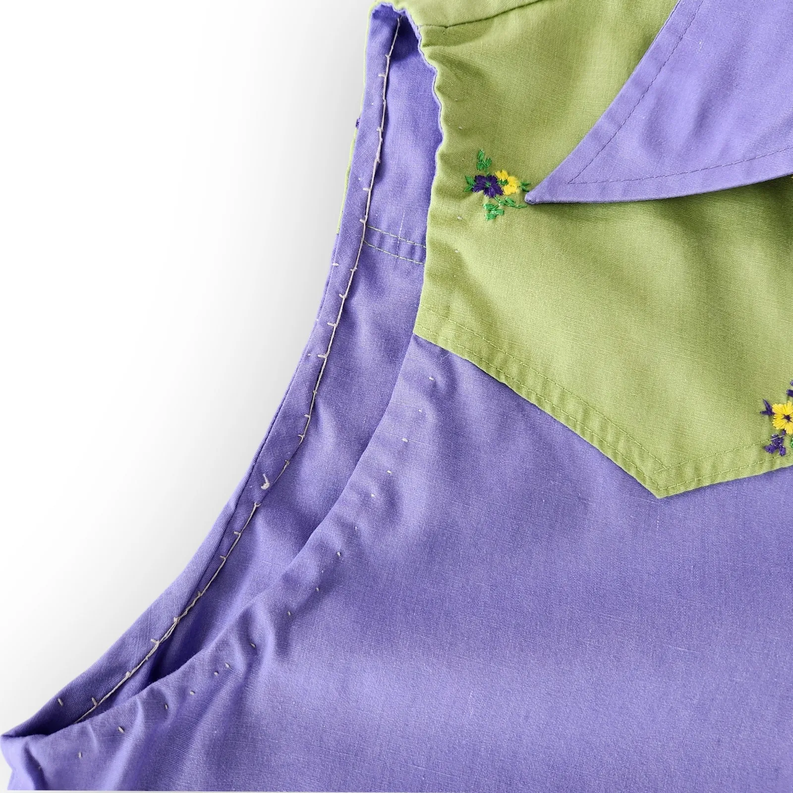 70s Vintage Western Style Purple Green Floral Sleeveless Shirt USA Poly Cotton M - Image 5