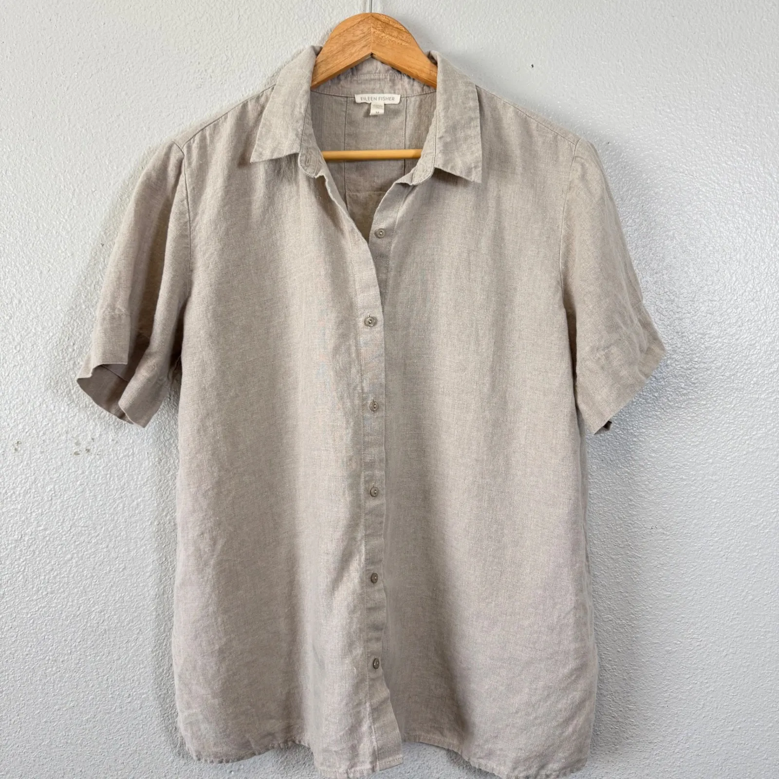 EILEEN FISHER Linen Blend Short Sleeve Button Up Shirt S/P‎ Beige Relaxed Fit - Image 8