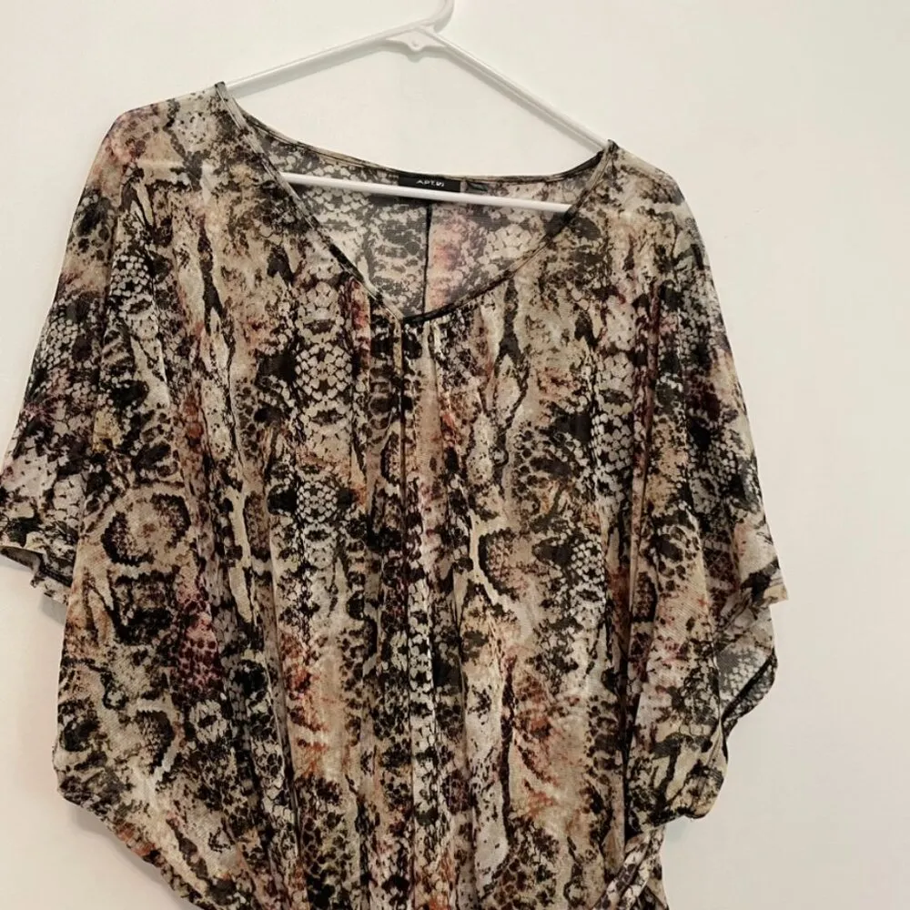 APT. 9 Plus Size Cream Beige Black Brown Snakeskin Snake Belted Tie Mesh Blouse - Image 2