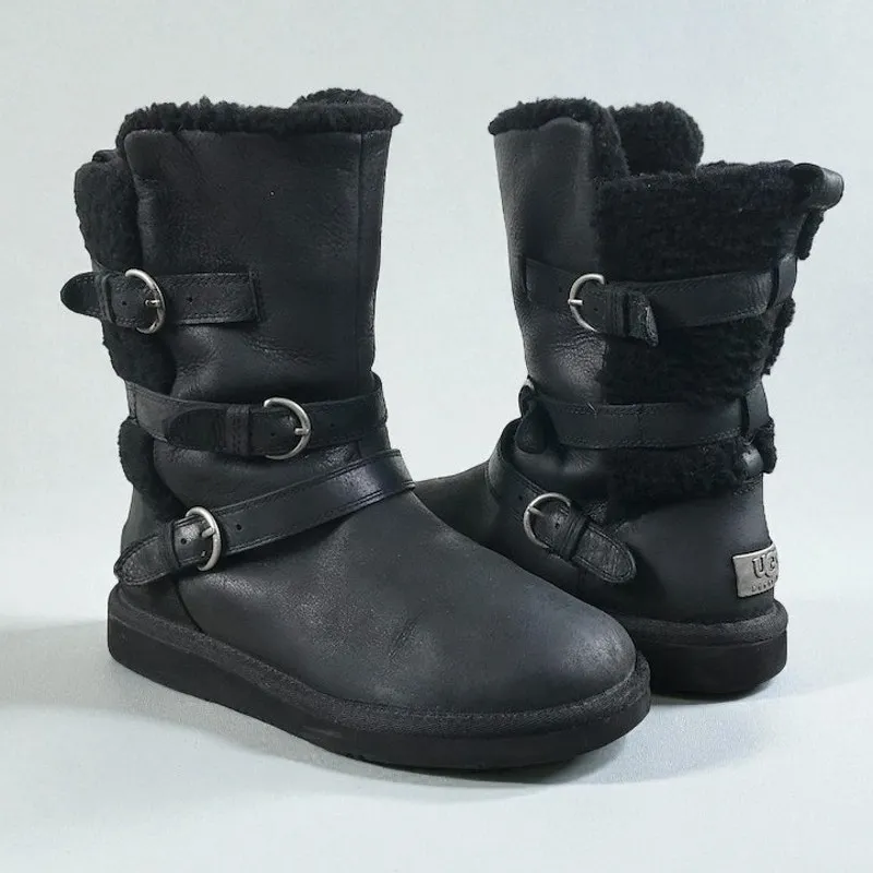 UGG Becket Leather/Wool Shearling Boots Sz 7 Black Cozy Grunge Gorpcore Timeless - Image 2