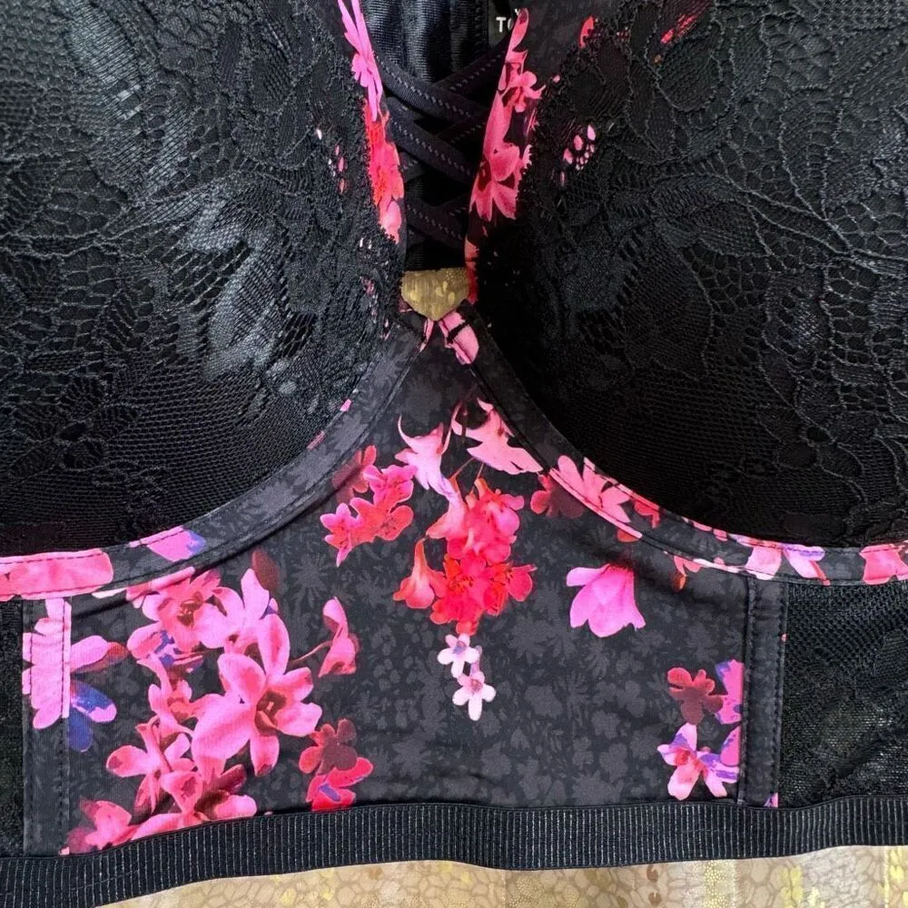 Torrid Black Pink Floral Lace XO Plunge Push-Up Longline Bra 42DD NWT - Image 5