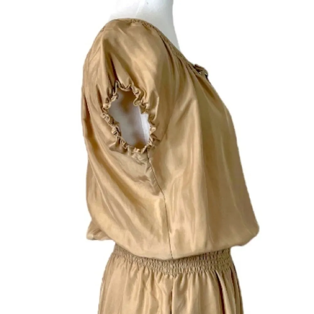 Talbots Dress Smocked Blouson Waist Tan 100% Silk Short Sleeve Women’s Medium M - Image 7