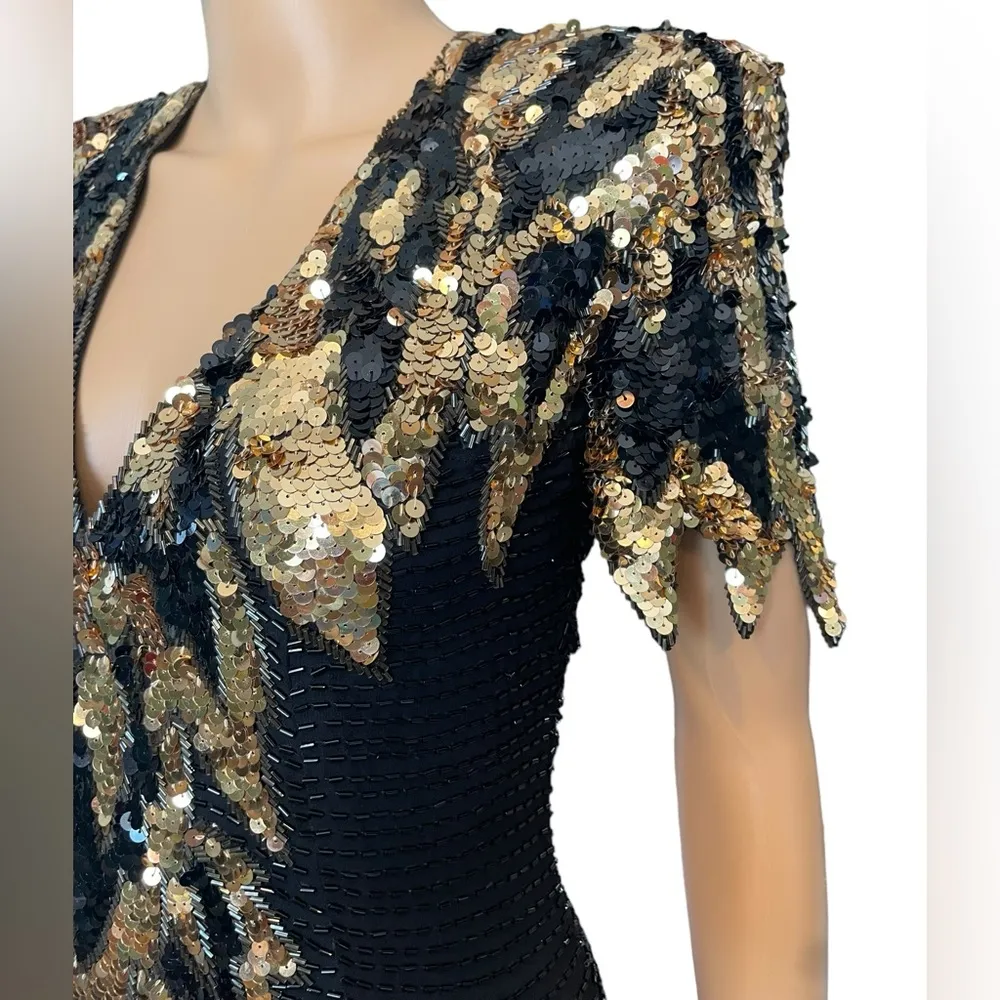 Black Tie Silk Gaudy Glitz Glam Hollywood Formal Special Occasion Beaded Dress - Image 2