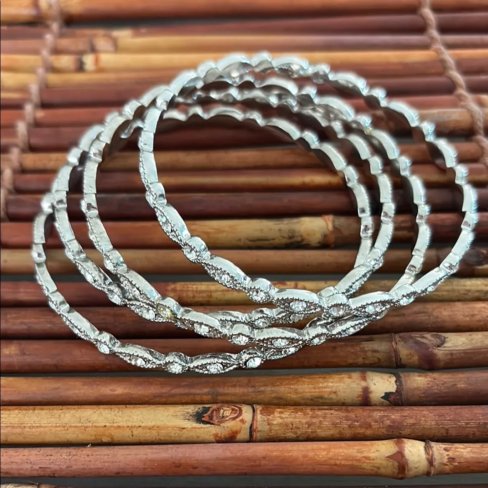 Elegant Silver Crystal Bangle Stacking Bracelet Set of Four - Image 3