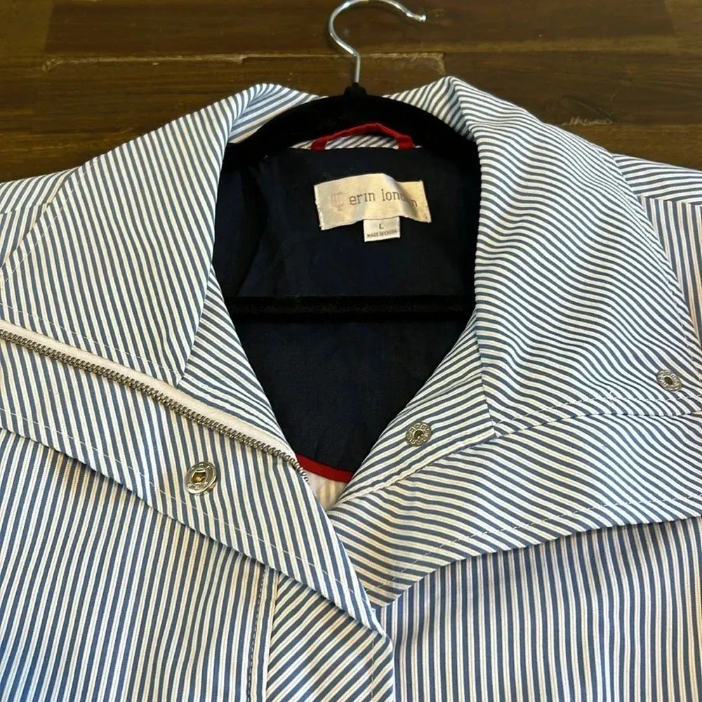 Erin London Striped Lightweight Jacket Coastal Large Zipper 3/4 Sleeve Collared Blue - Image 6