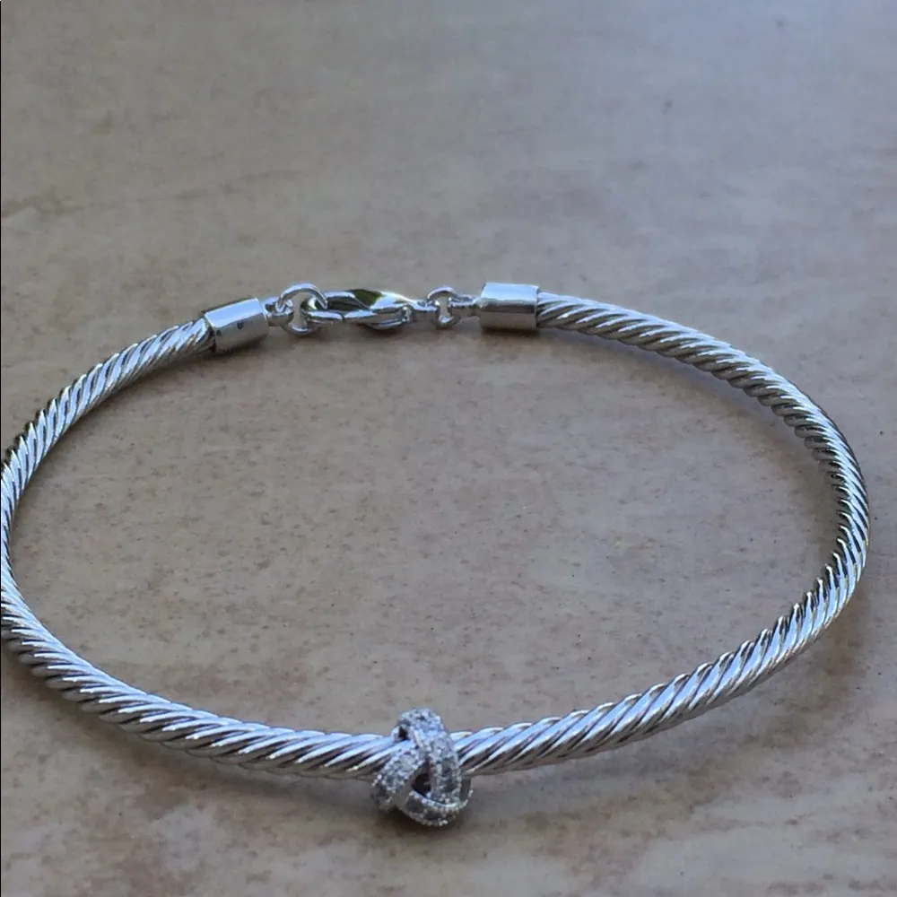 Rhodium Plated Twisted Love Knot CZ Bangle Silver - Image 3