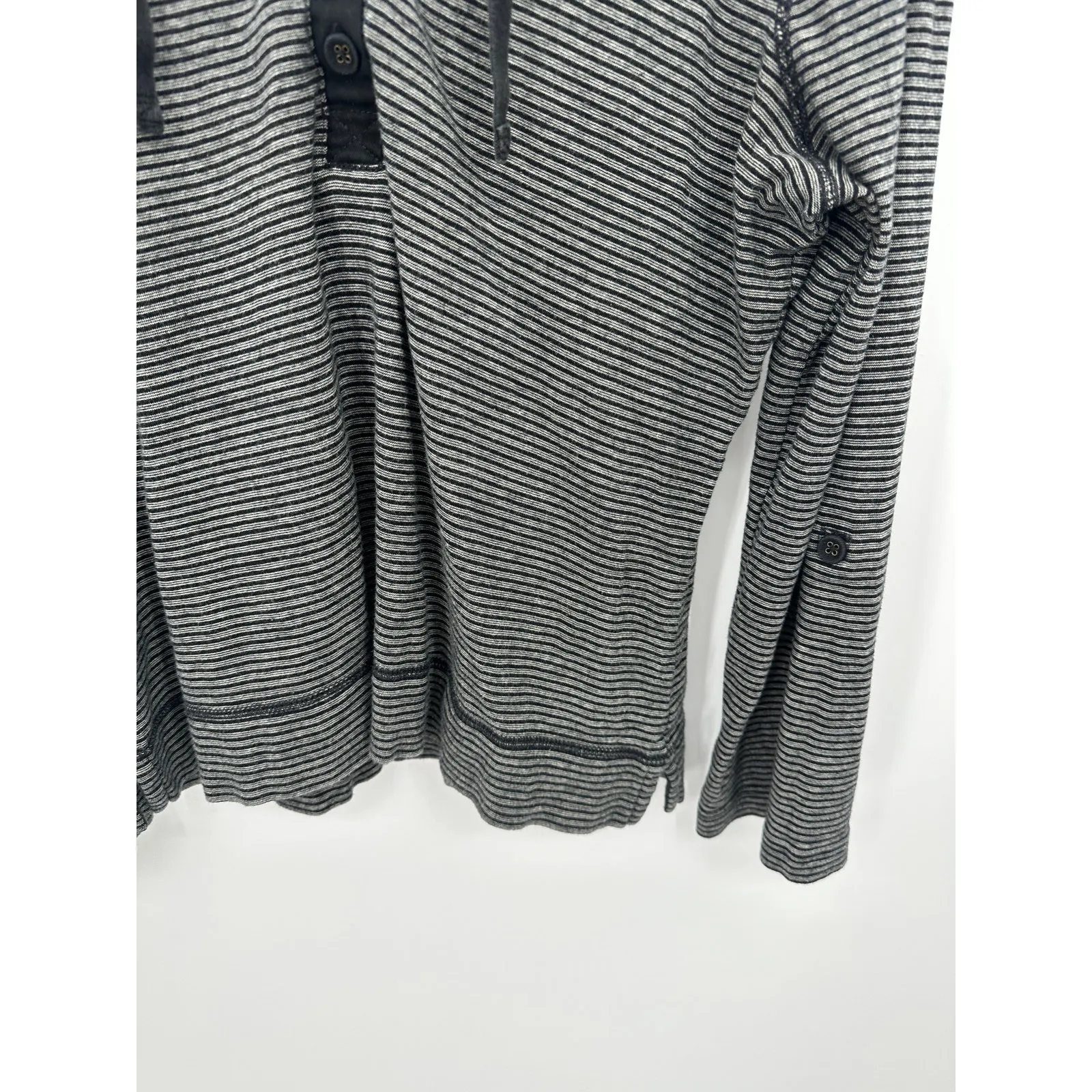 LRL Black Gray Striped Pullover Henley Hoodie Shirt Roll Tab Women XL Cotton - Image 3