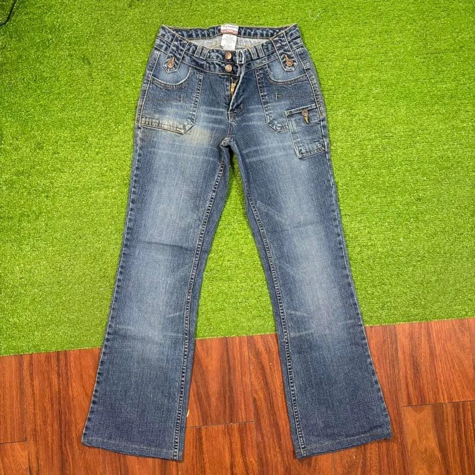 Y2K No Boundaries Bareback Denim Blue Flare Jeans Wide Belt Loop Double Button - Image 3