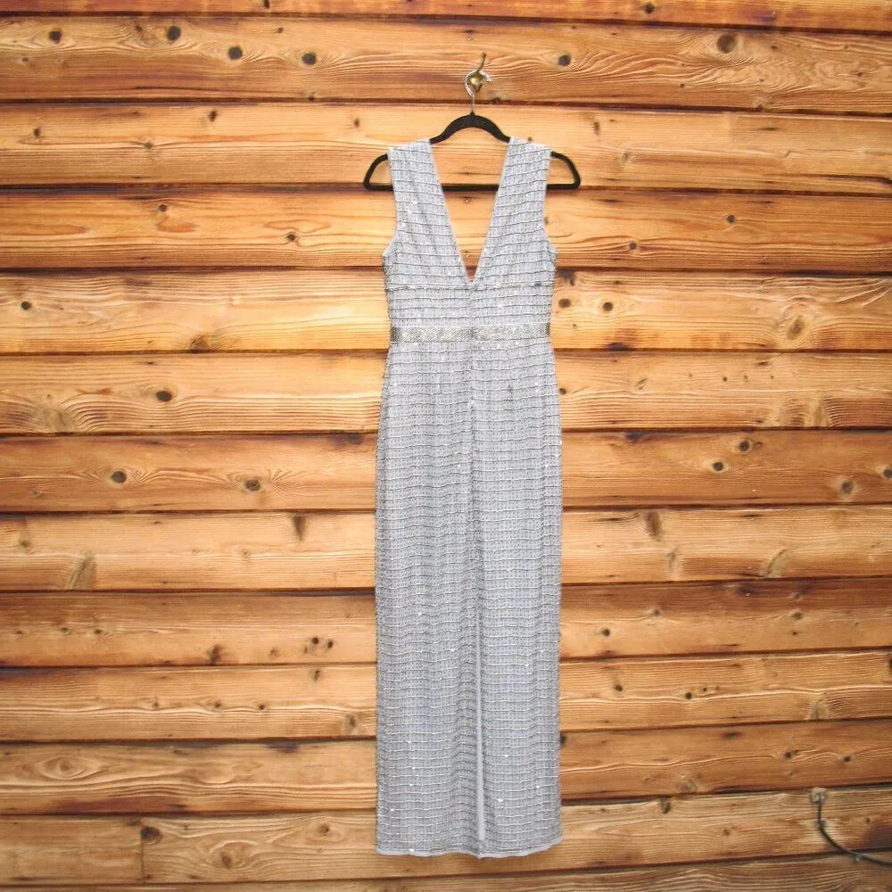 Mac Duggal 5625 Womens Silver Beaded Cap Sleeve V Neck Column Gown Dress - Image 9